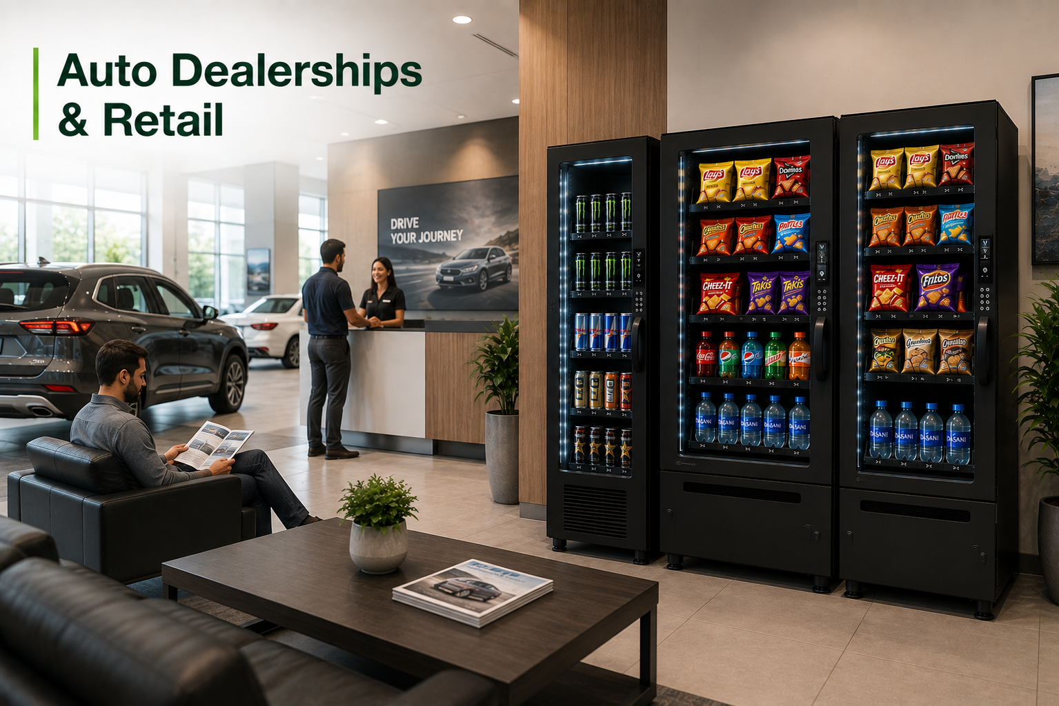 Vending machine placed in an auto dealership showroom