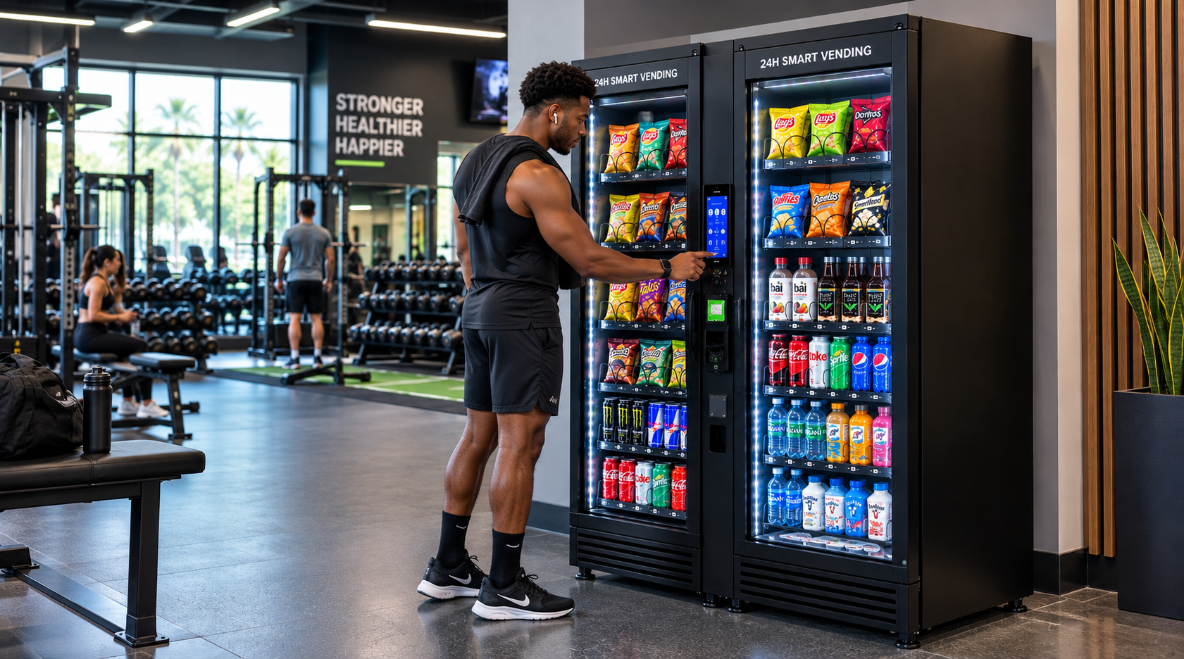 Customer buying a snack from a vending machine in a gym