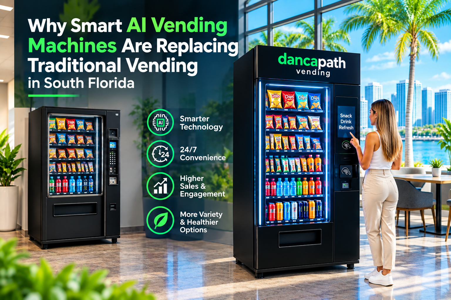 Smart AI vending machine replacing a traditional vending machine in a modern South Florida setting, highlighting 24/7 convenience, smarter technology, increased sales, and greater snack and beverage variety.