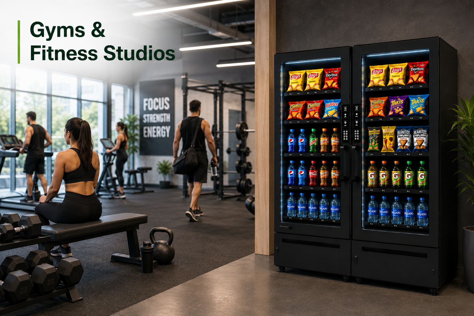 Vending machine stocked with protein and energy drinks in a gym
