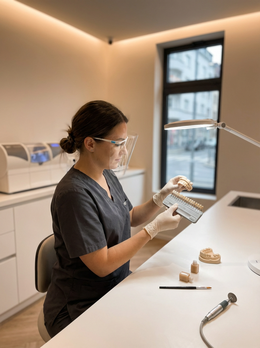 A female dental professional wearing a face shield and gloves examining a dental prosthetic model in a brightly lit dental clinic.
