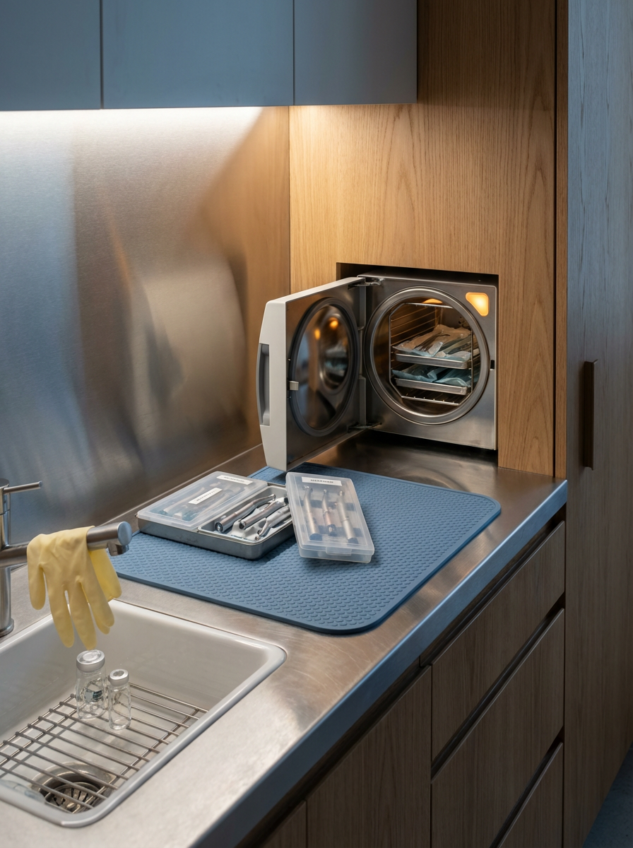 A sterilization autoclave with its door open on a kitchen counter, with medical tools in a tray and two small glass jars in the sink.