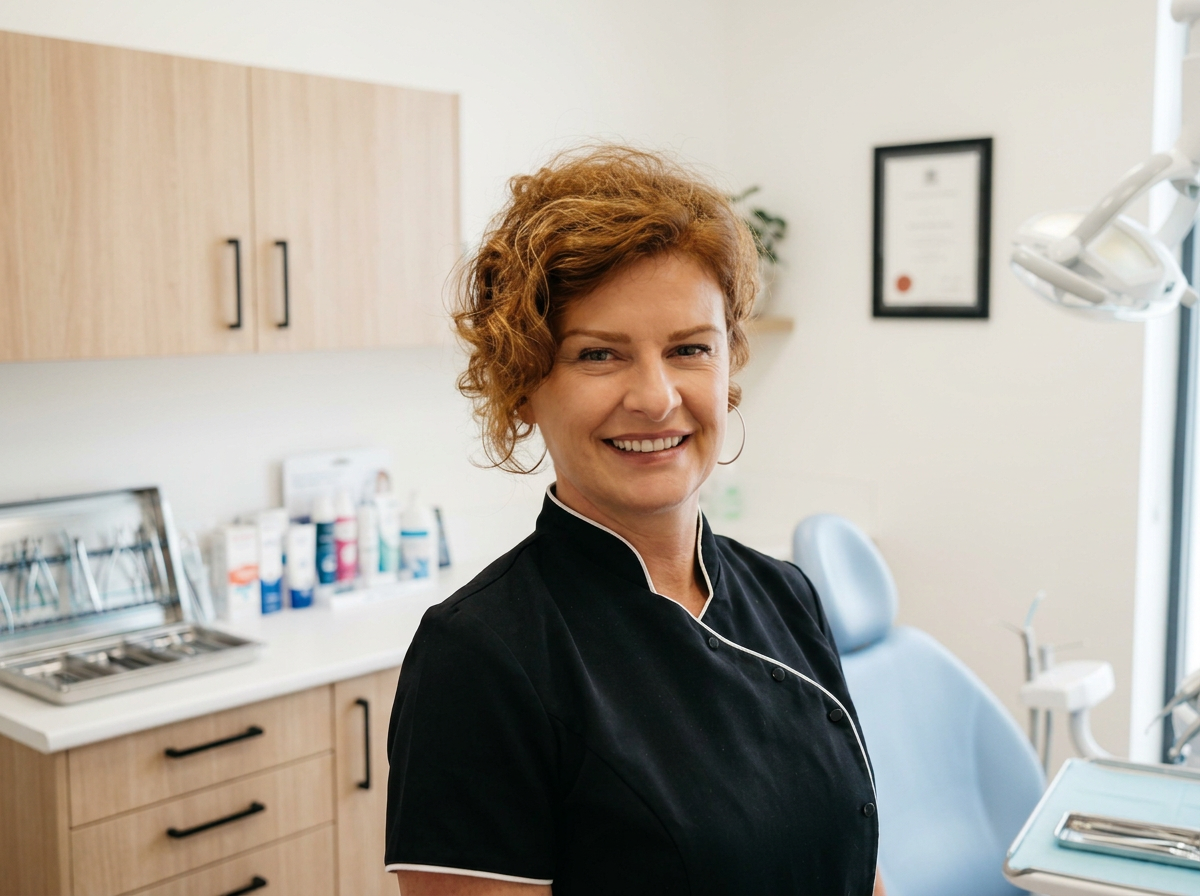 A smiling female dentist standing in a dental office with dental equipment and framed certificate in the background.