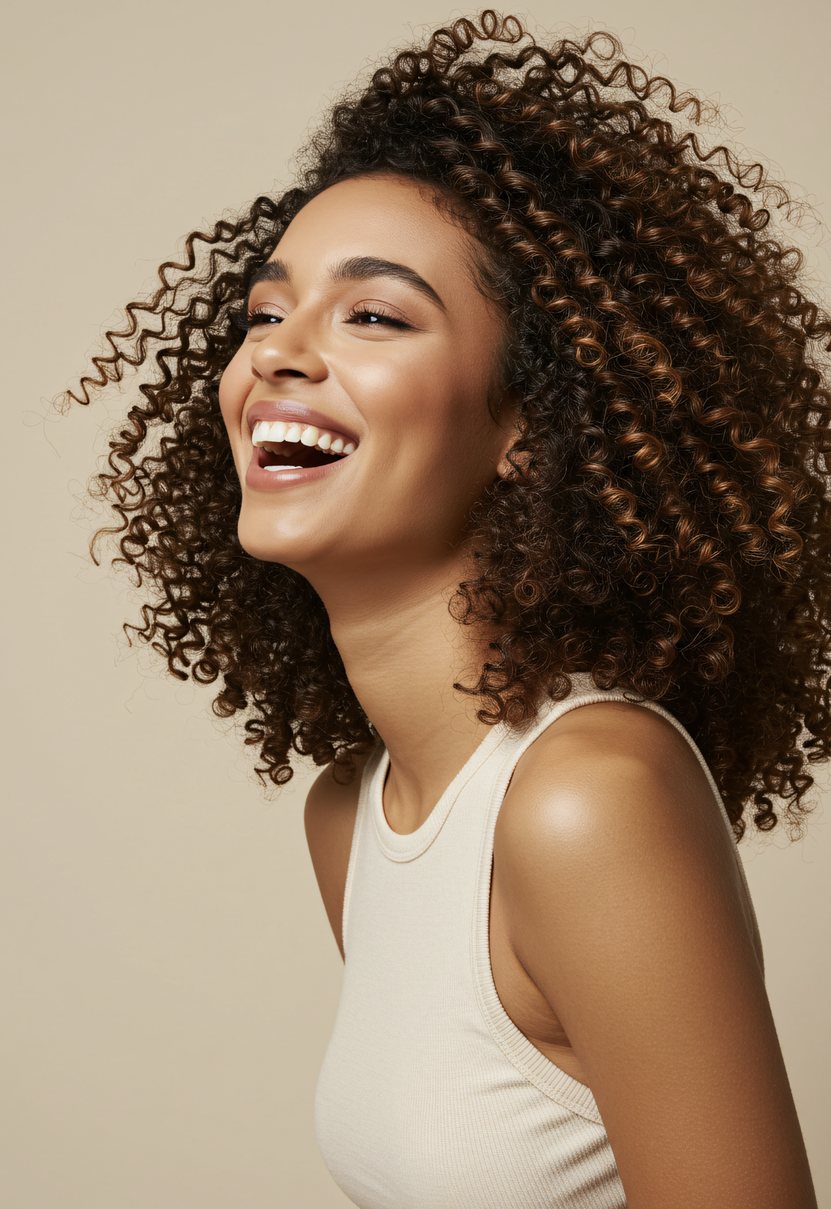 Close-up of a smiling woman with curly brown hair wearing a beige sleeveless top, on a plain beige background.
