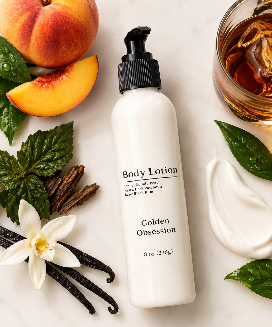 Golden Obsession Scented Body Lotion | Peach, Dark Patchouli & Black Rum