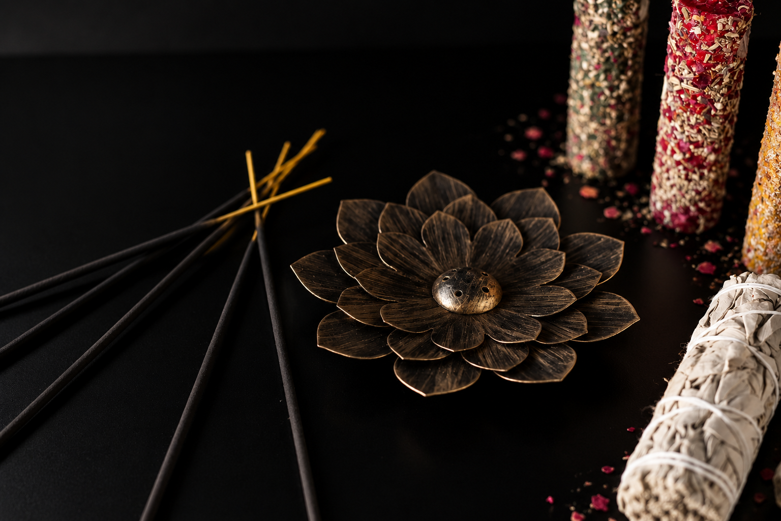 Decorative items including a metal flower with a ladybug at its center, incense sticks, colorful rolled incense, and dried flower petals on black background.