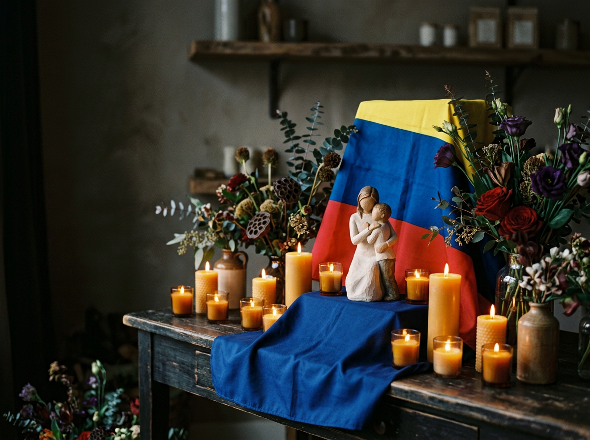 An altar with burning candles, floral arrangements, a wooden sculpture of a woman holding a child, and the Colombian flag draped behind the sculpture.