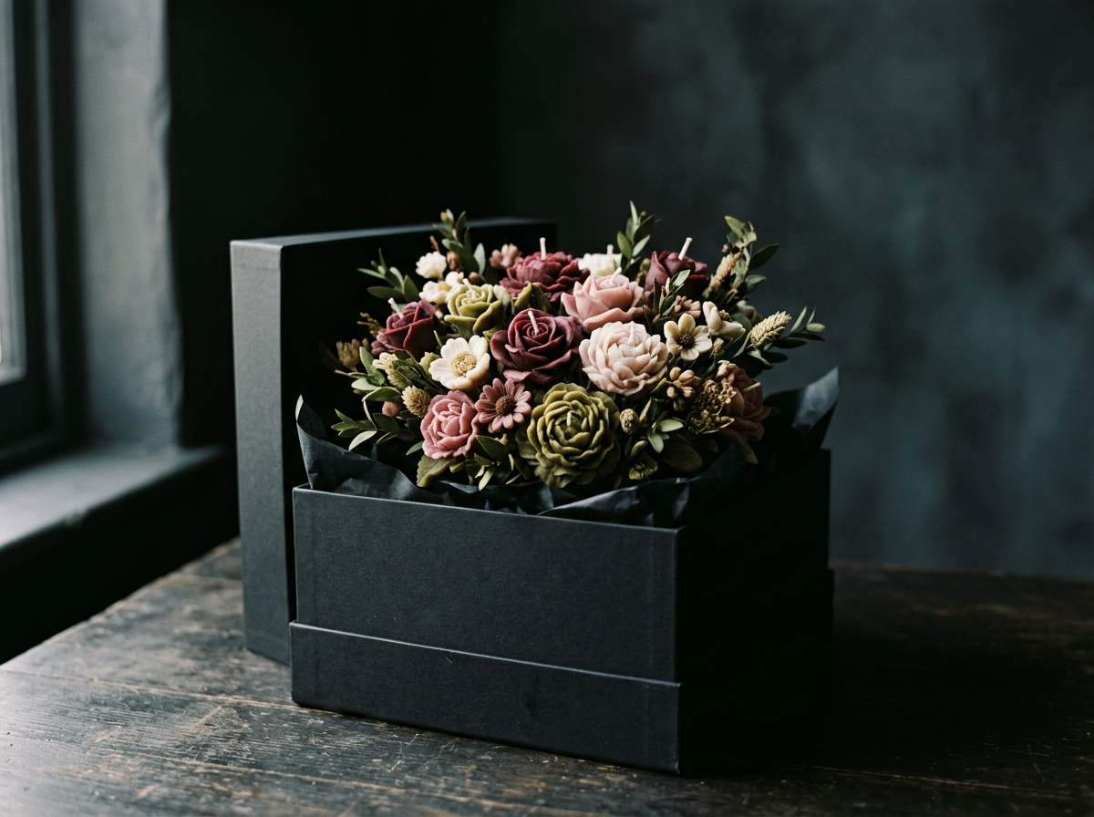 A black box containing various flower-shaped candles in pink, purple, green, white, and beige, arranged with green foliage, sitting on a rustic wooden surface near a window.