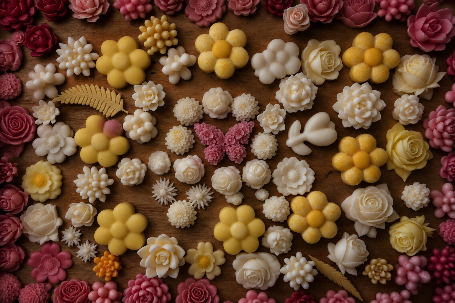 Assorted colorful soap flowers and a soap butterfly arranged on a wooden surface.