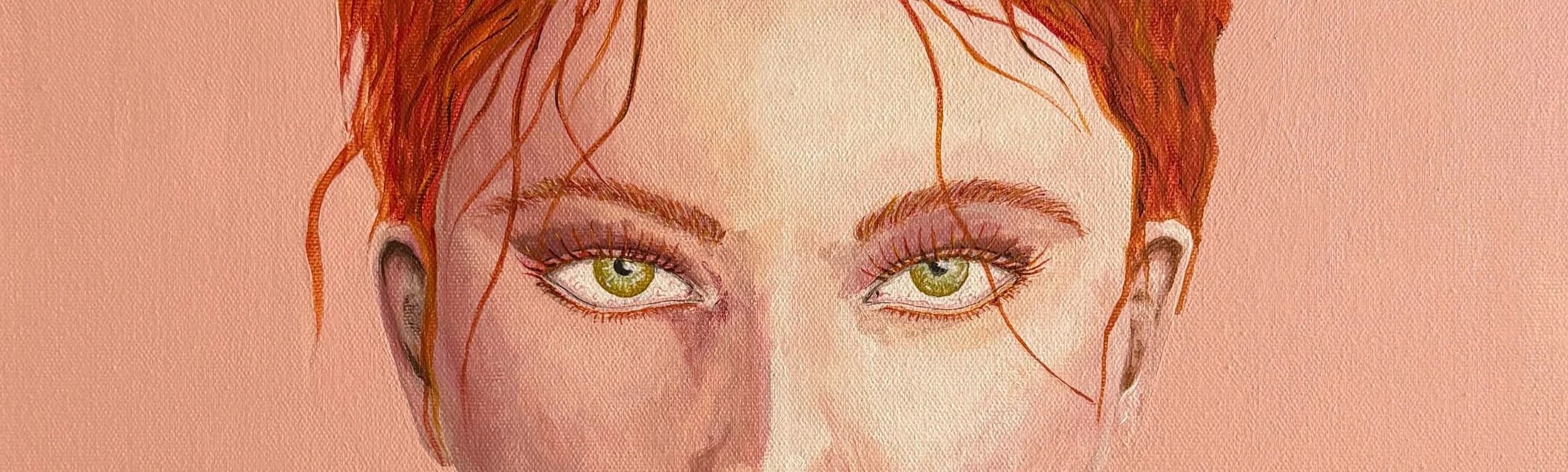 Close-up illustration of a woman's face with red hair and green eyes, set against a pink background.