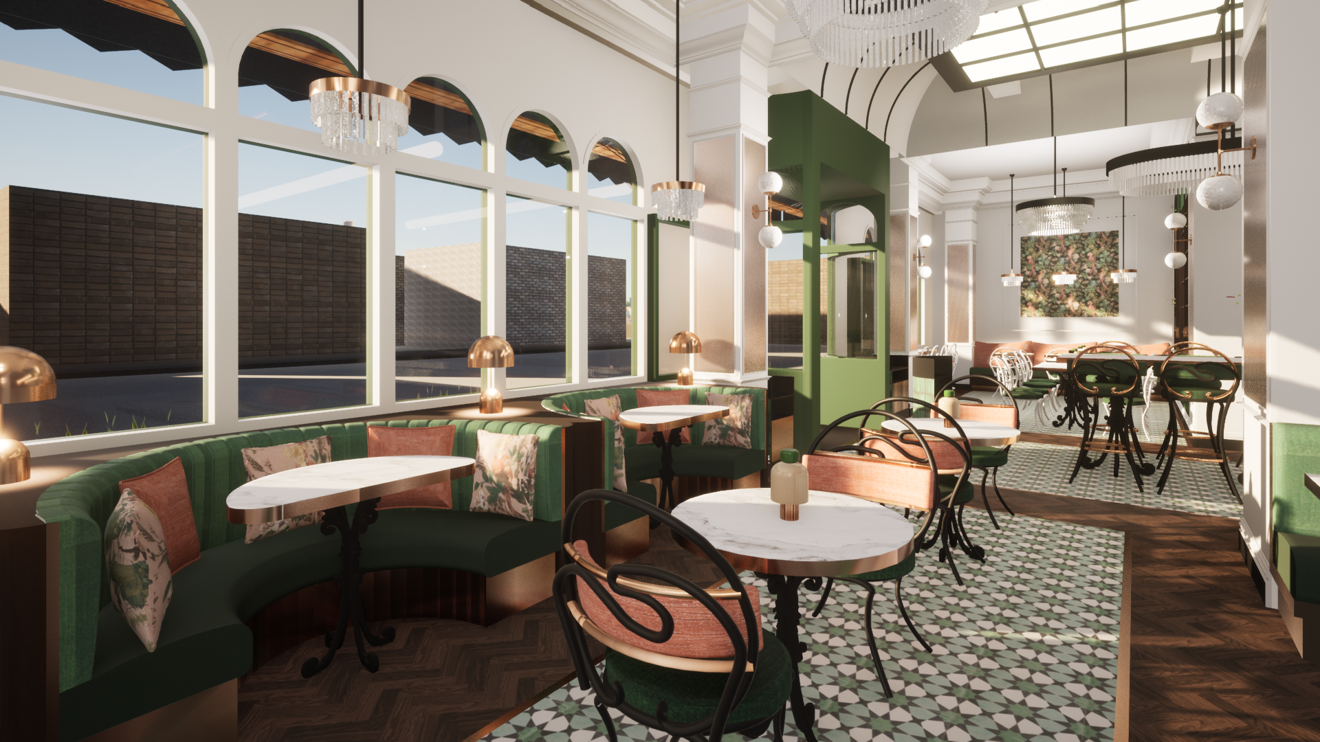 Interior of a chic restaurant with large arched windows, green and pink seating, marble and wooden tables, ornate chandeliers, patterned tile flooring, and decorative lighting.