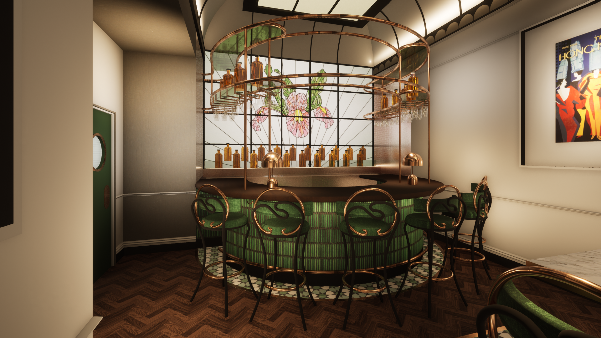 A stylish bar area with a semi-circular green bar counter outlined with black, gold, and copper accents, set against a stained glass window featuring pink flowers and green leaves. Gold and copper light fixtures hang above, and black chairs with gree