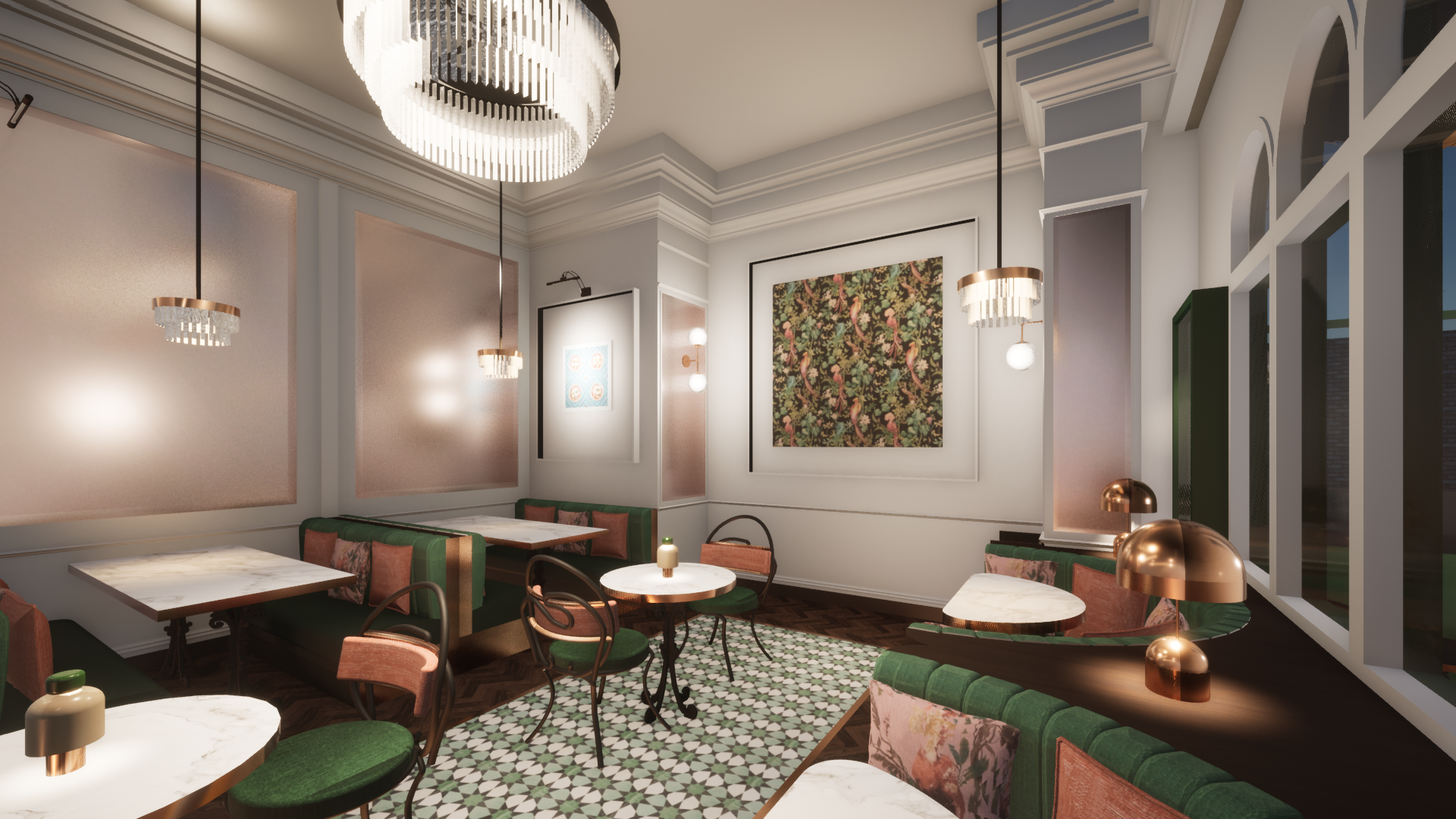 Interior of a stylish restaurant with green and pink upholstered seating, white marble tables, and art deco lighting fixtures, including a large chandelier and smaller hanging lights, with framed artwork on white paneled walls and patterned tile floo