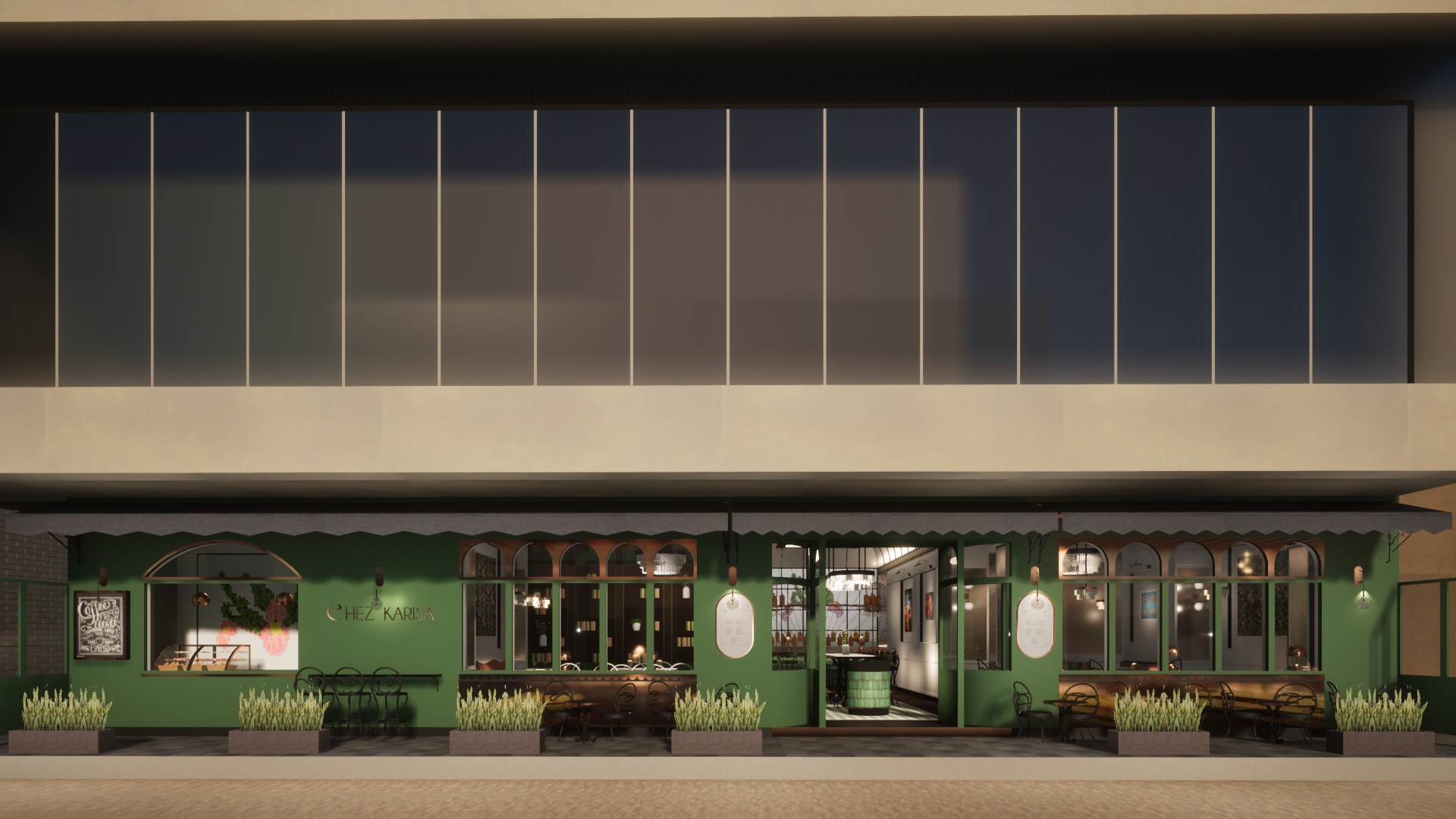 A two-story building with a modern, glass facade on the upper level and a green storefront with large windows and outdoor seating on the lower level, featuring a sign that reads 'Chez Karisa'.