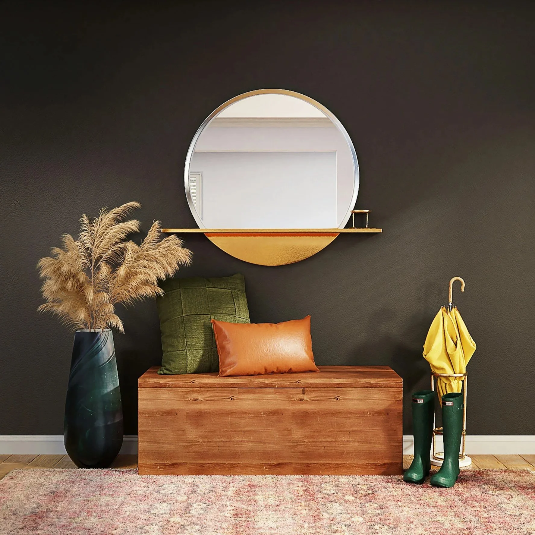 Indoor decor with a large black wall, a wooden bench with green and brown pillows, a tall dark vase with pampas grass, a circular mirror with a gold and silver frame, yellow umbrella and green rain boots beside a small gold side table, and a multicolored rug on a wooden floor.