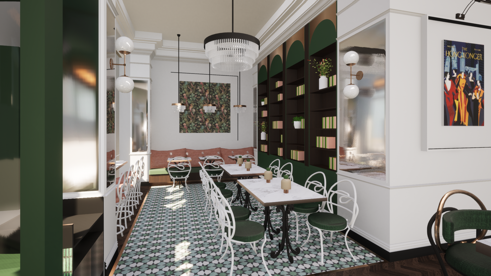 Interior of a stylish restaurant with white chairs, marble tables, green cushioned seating, a patterned tile floor, dark bookshelves with green arches, and modern light fixtures.