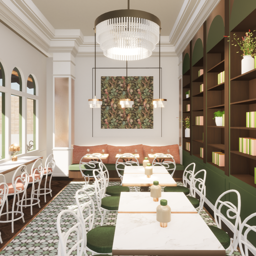 Bright, elegant dining room with white walls, arched windows, and a large chandelier. Green and white theme with white chairs, marble tables, and a built-in wooden bookshelf with decorative plants and books.
