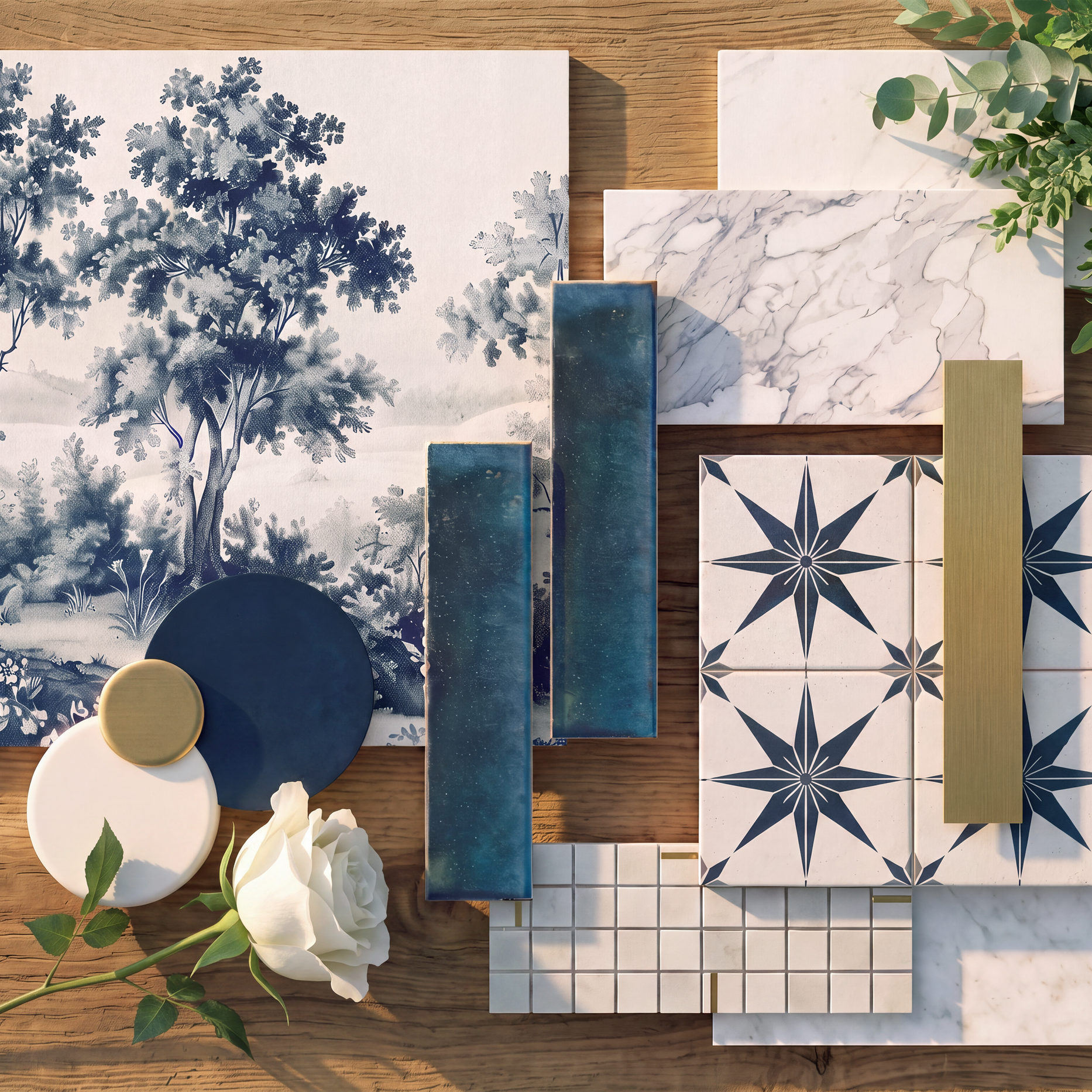 Sample of patterned tiles in various colors and styles, with a small bouquet of white flowers and green leaves on a wooden surface.