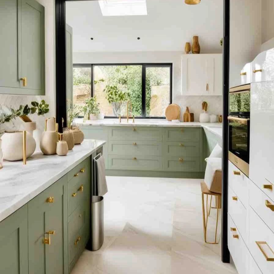 Bright kitchen with sage green and white cabinetry, gold hardware, marble countertops, and decorative vases, with a large window overlooking greenery.
