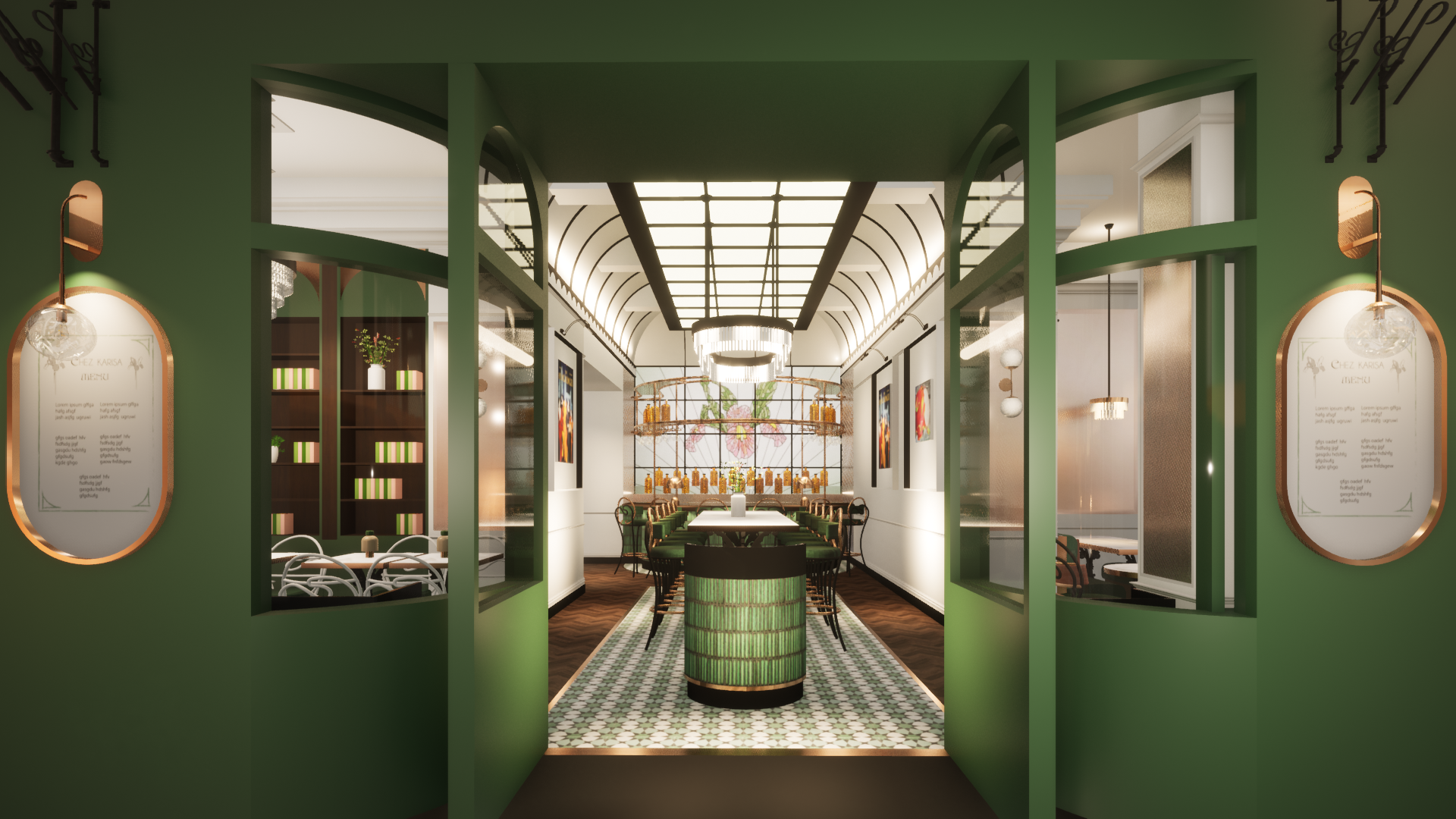 Elegant restaurant interior with green walls, decorative lighting, and a centerpiece table surrounded by chairs, featuring artwork and bottles displayed behind.