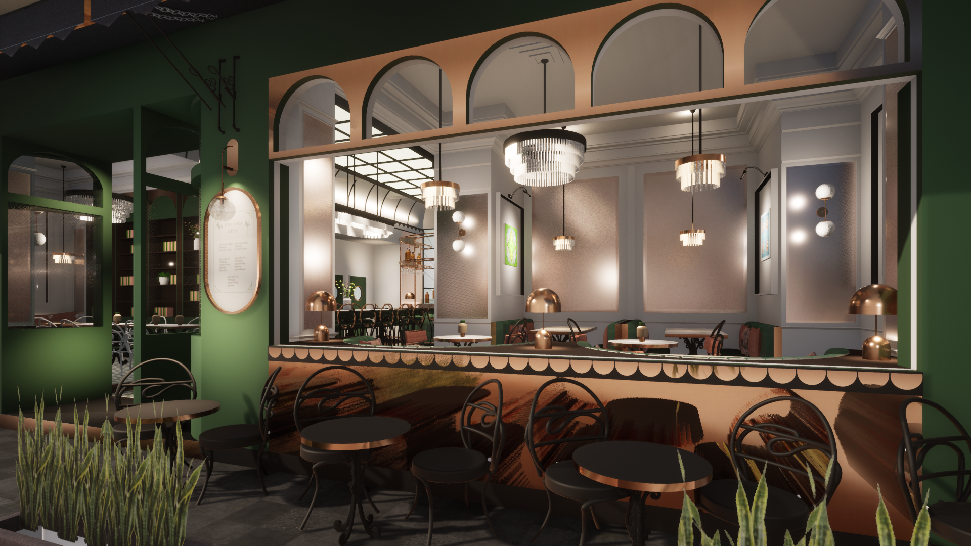 Interior view of a stylish restaurant or cafe with green walls, black tables, and chairs featuring intricate back designs. Modern hanging chandeliers and wall lights illuminate the space, which has a cozy, elegant ambiance with decorative details, fr