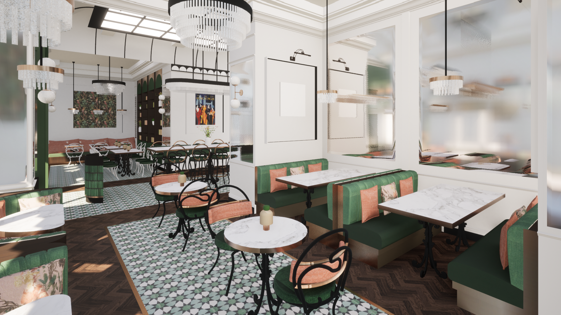 Interior view of a stylish restaurant with green and pink upholstered seating, white marble tables, decorative lighting fixtures, and a mix of patterned and wooden flooring.