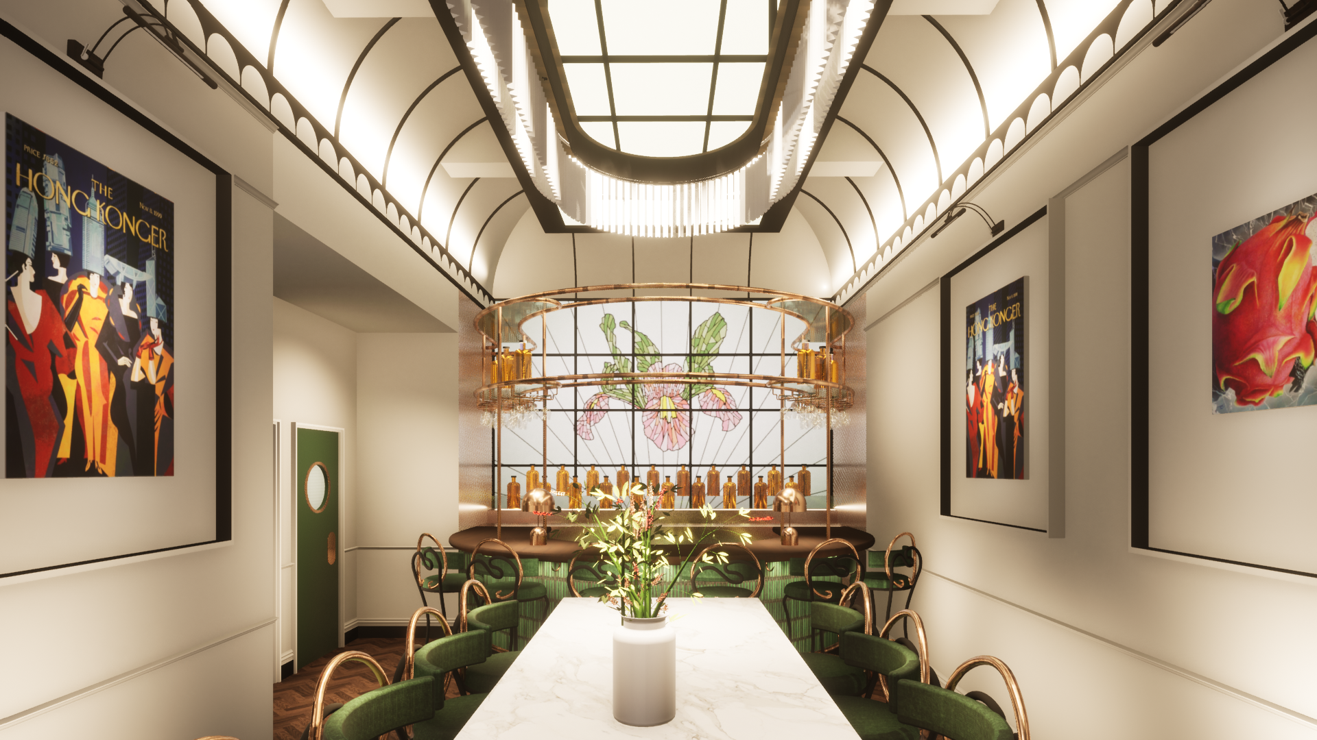 Elegant dining room with a marble table and green upholstered chairs, wall art including movie posters and a floral stained glass window, and a modern chandelier.