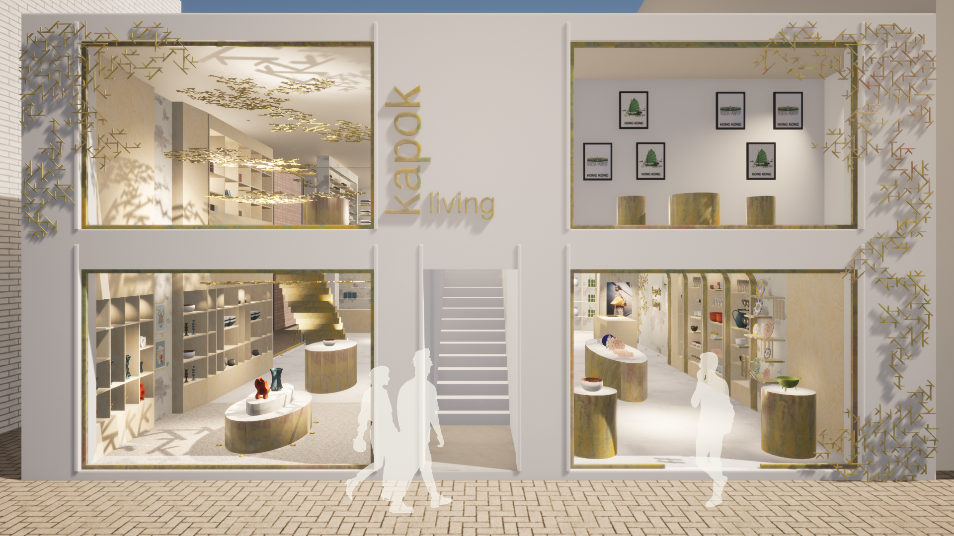 Design rendering of a two-story retail store front with a sign reading 'kapok living.' The store features gold decorative accents, framed artwork with the words 'Hong Kong,' and displays of ceramics and home decor items.