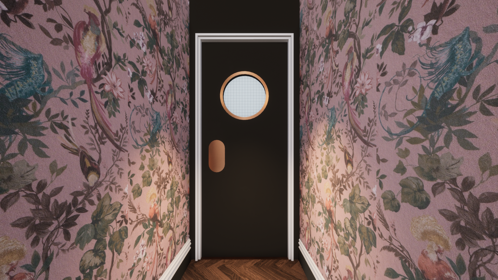Hallway with pink floral wallpaper, black door with circular window, and oval handle, wooden floor.