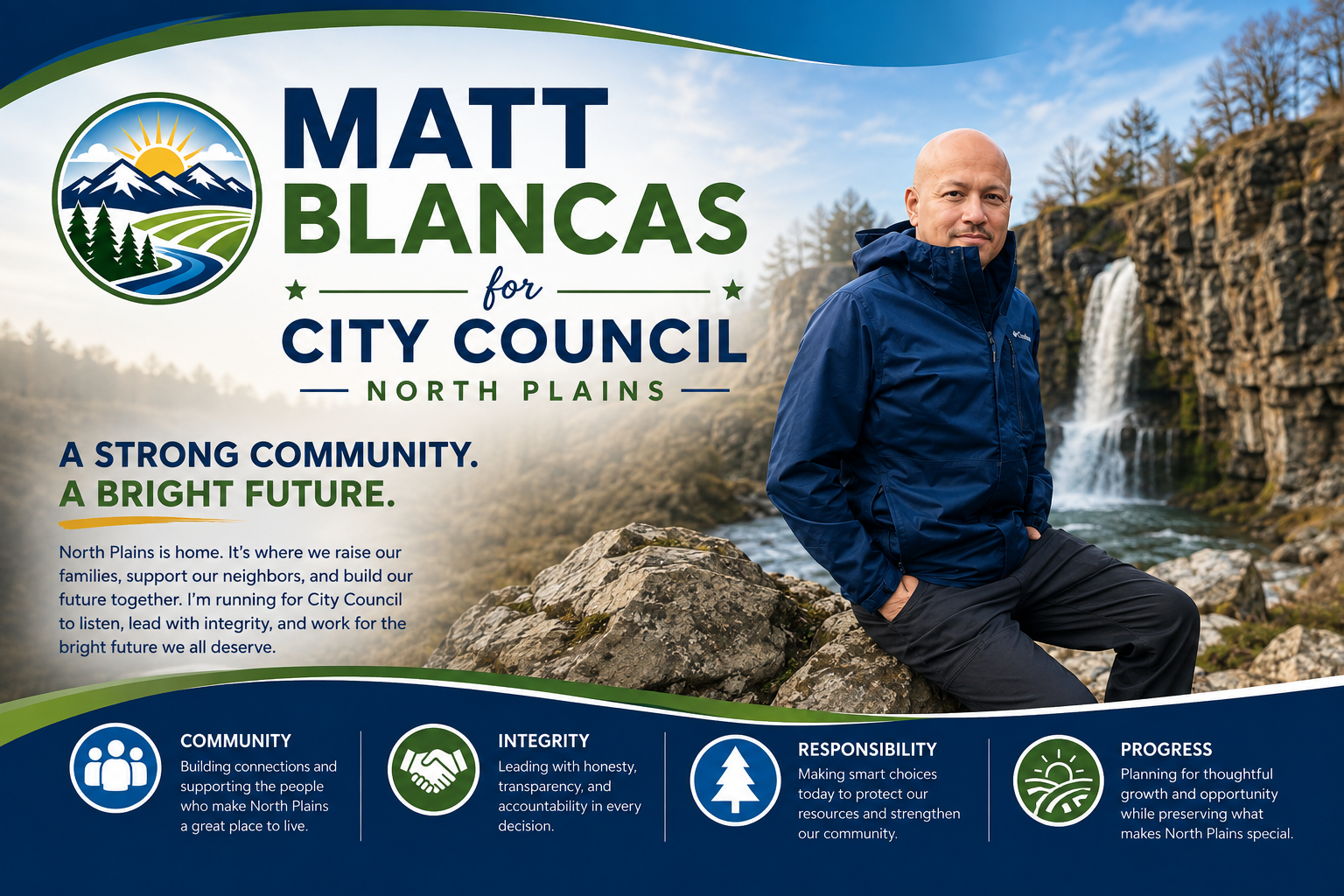 Campaign sign for Matt Blancas running for City Council in North Plains. Features a mountain, river, and waterfall graphic, with a man in a blue jacket sitting on rocks by the water. Text highlights community strength, a bright future, and values of community, integrity, responsibility, and progress.