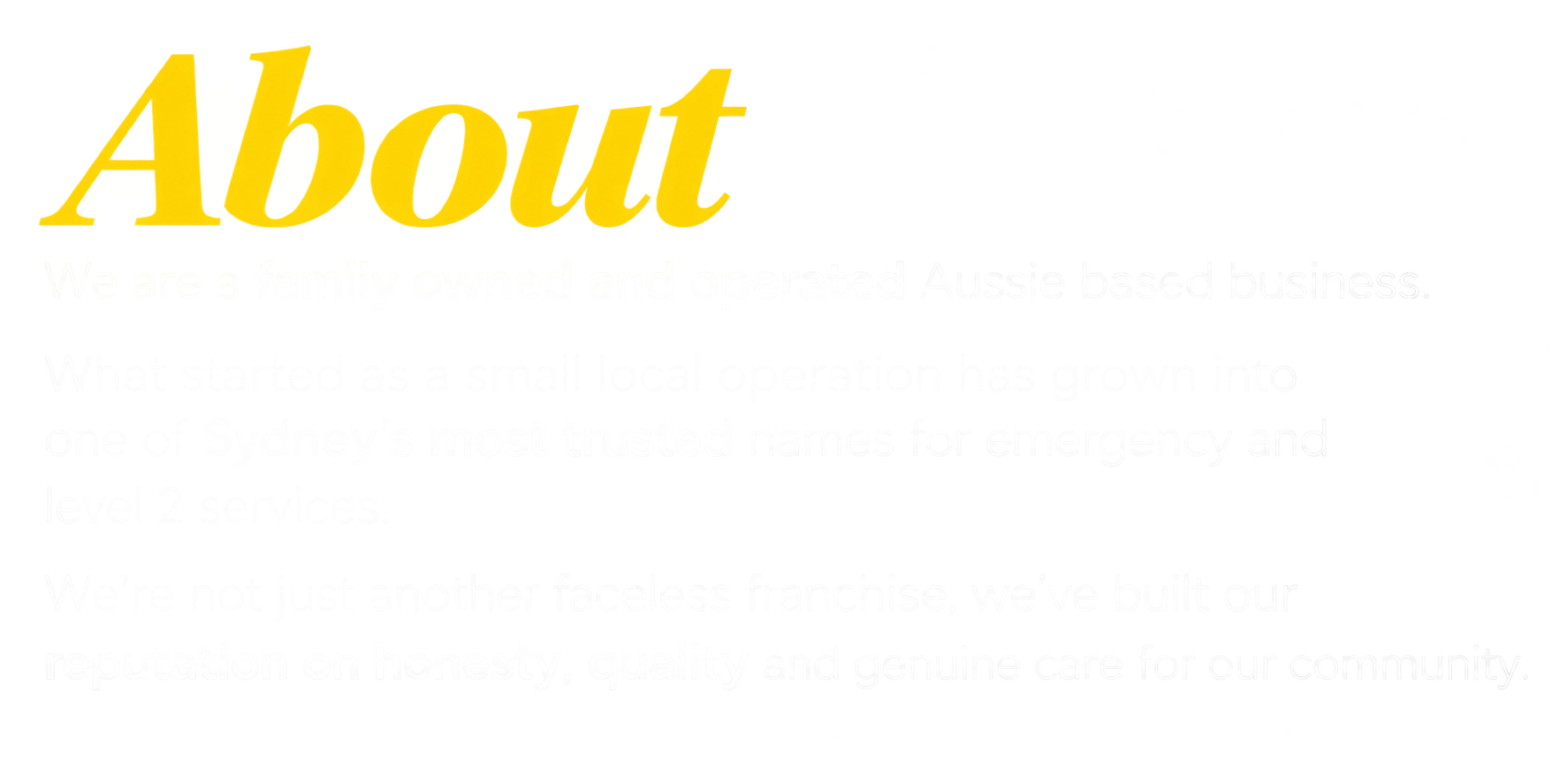 A logo for About Us, an Australian-based business, featuring the words 'About Us' in large yellow 3D lettering, with a semantic paragraph describing the company's focus on trustworthy and genuine service.