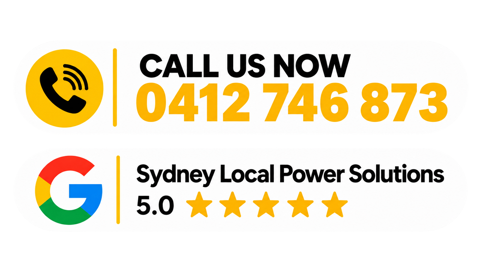 Call us now 0412 746 873, Sydney Local Power Solutions, rated 5 stars.