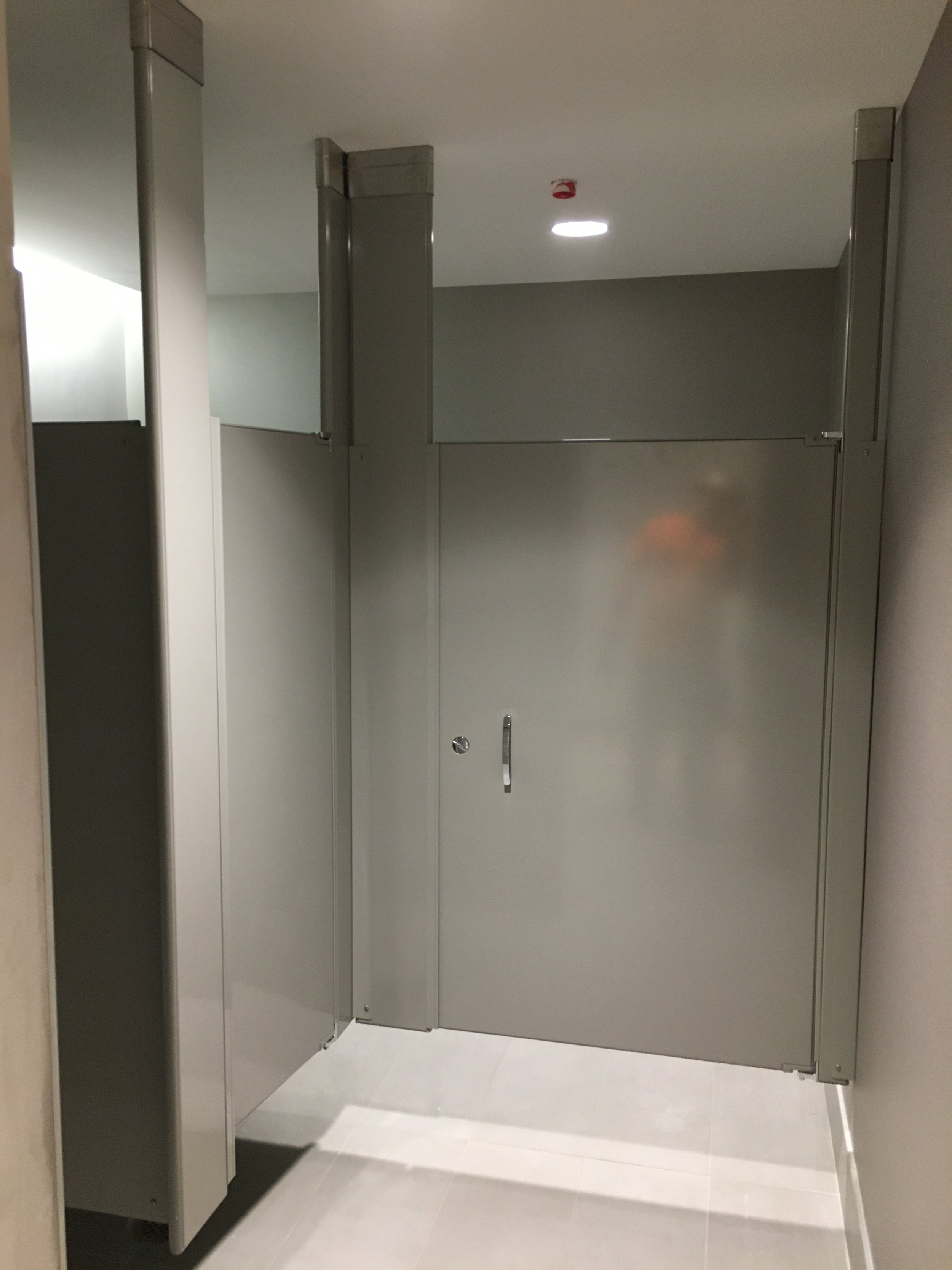 A public restroom stall with gray walls, a door with a handle, and a mirror on the left side.