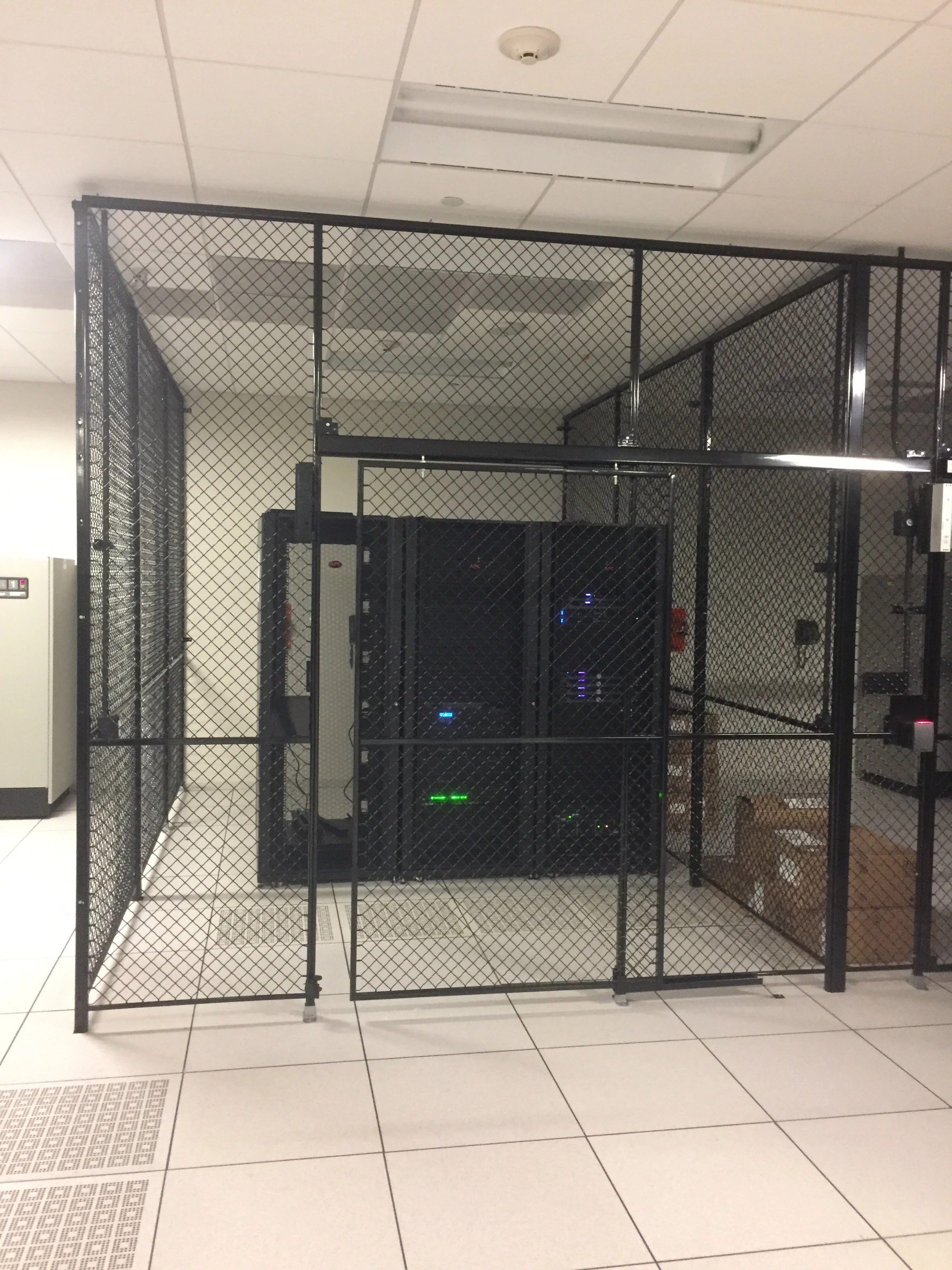A secure server room enclosed by black metal fencing, containing server racks with blinking lights, in a room with tiled white floors and ceiling with a smoke detector and a fluorescent light fixture.