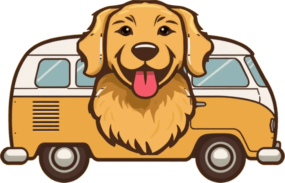 Cartoon image of a dog with its tongue out, on a yellow van or bus.