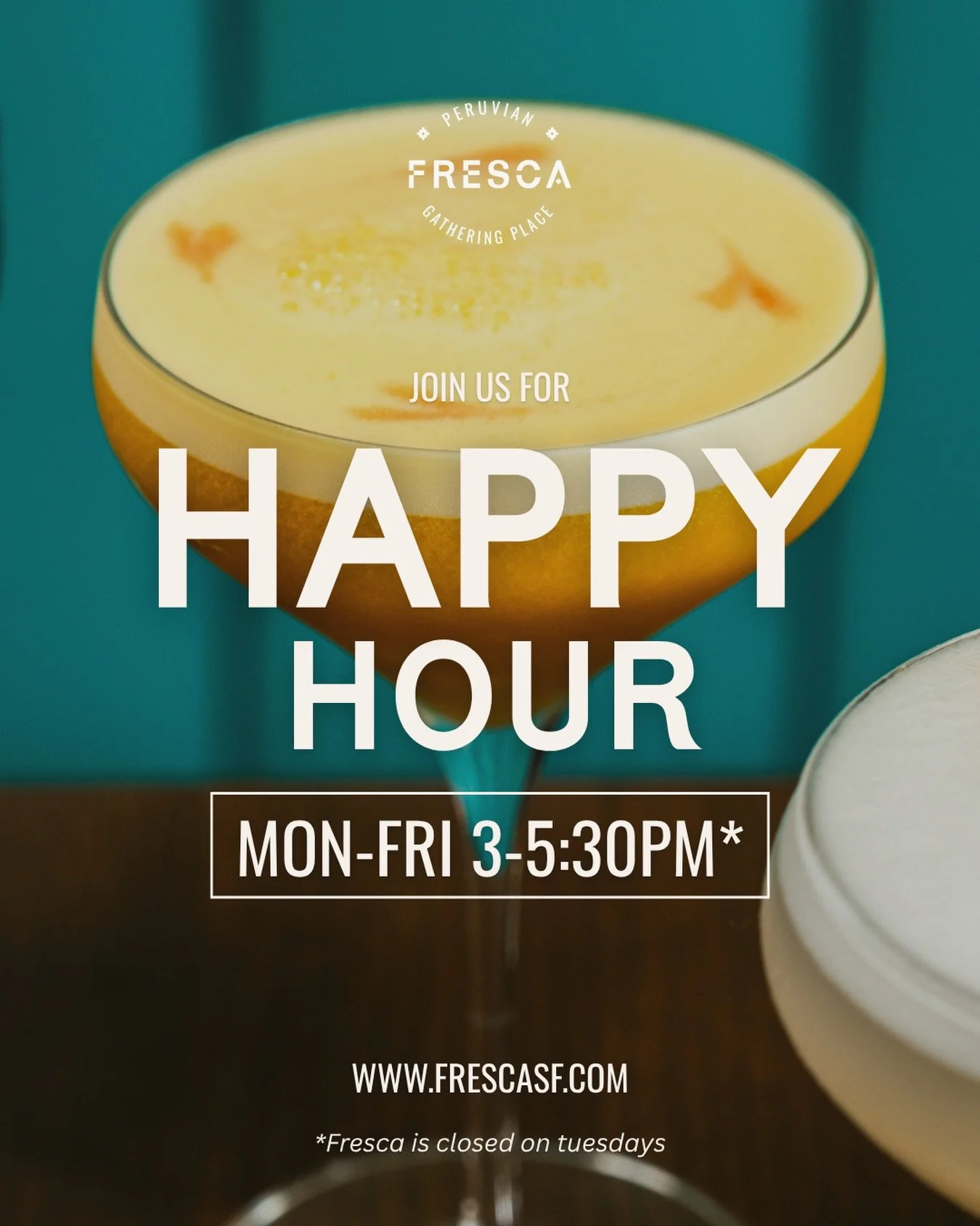 Happy hour starts TODAY!🥳🍹 Join us Monday and Wednesday-Friday from 3-5:30pm for happy hour bites and drinks!

Make a reservation through our website to secure a spot! ✨
.
.
#frescasf #frescanoevalley #sfhappyhour #noevalley #peruviancuisine