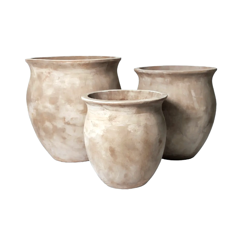 Three large beige stoneware planters with a weathered finish.