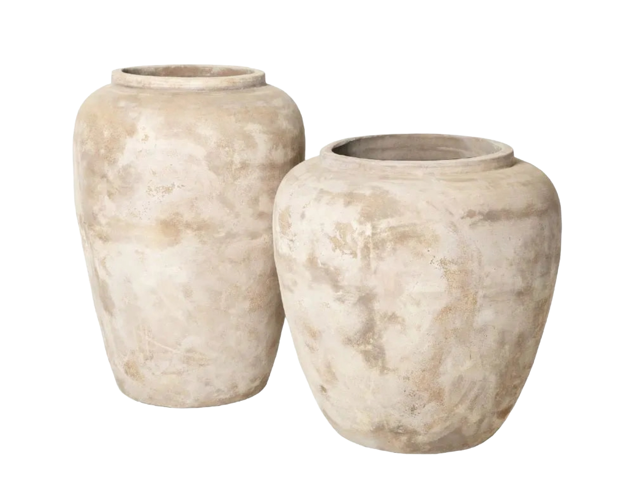 Two large, beige, weathered ceramic vases with rounded bodies and wide openings.