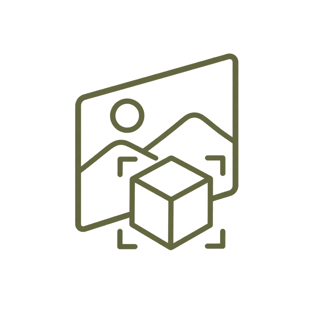 Outline icon of a photo with a mountain and sun, a cube, and corner markings.