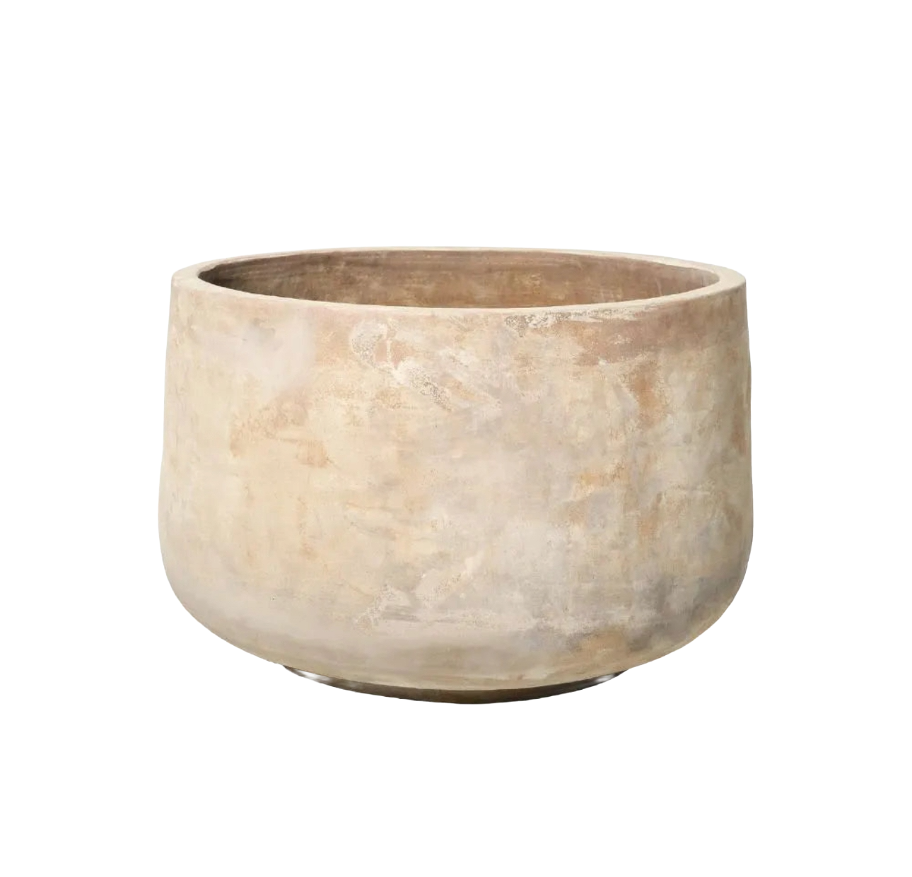 A round, beige, stone planter with a textured surface.
