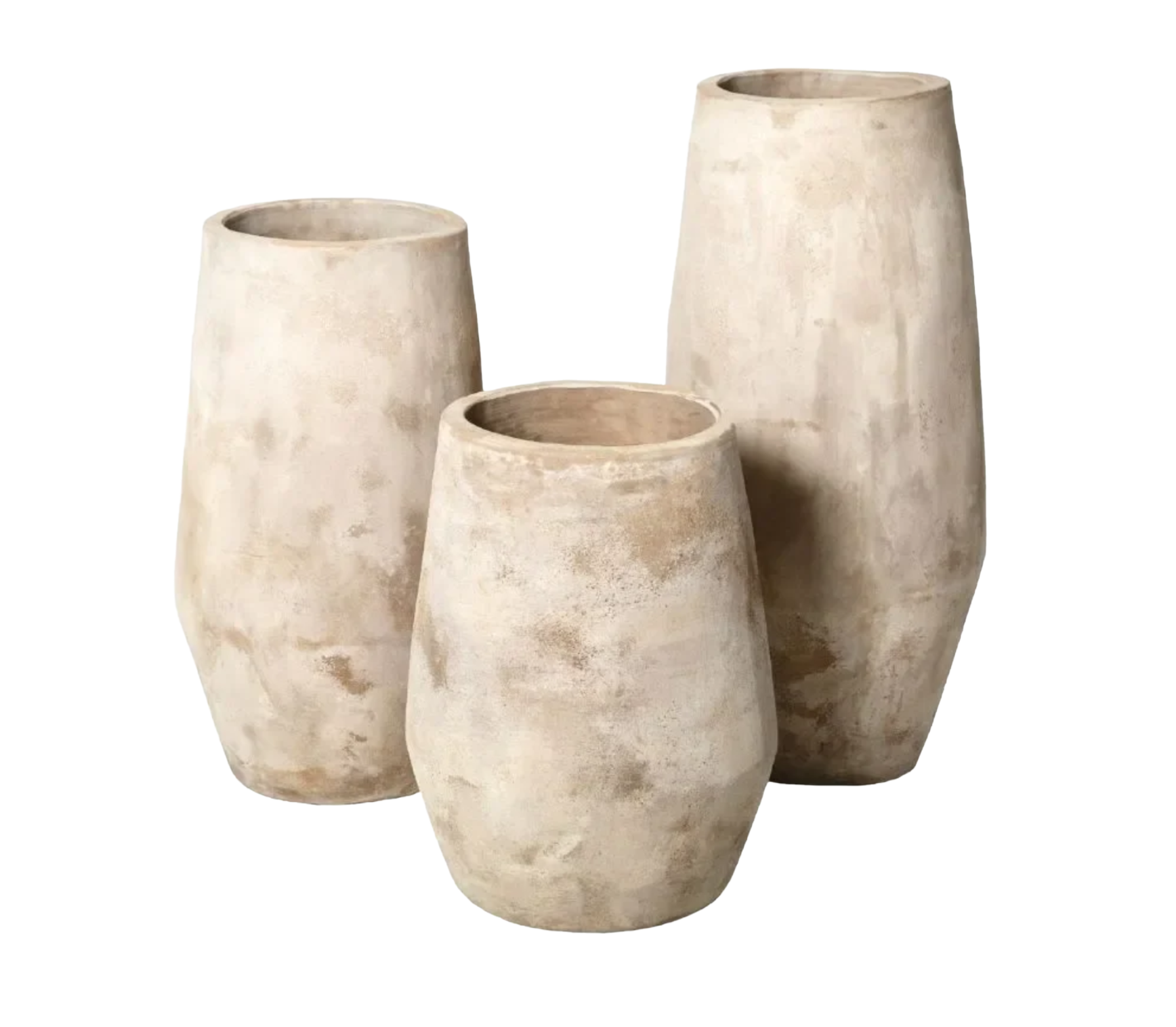 A collection of four beige stone or ceramic vases of varying heights with a weathered, matte finish. The Balcony Garden, Lanky Panky, Terra Botanica