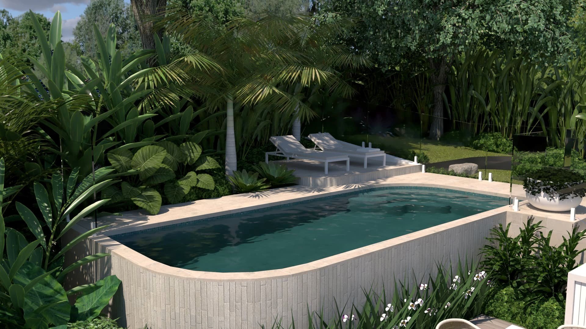 A backyard swimming pool surrounded by lush green plants and trees. Two lounge chairs are situated on a raised patio area near the pool, with a glass railing separating the pool area from the garden. The scene appears peaceful and well-maintained.
