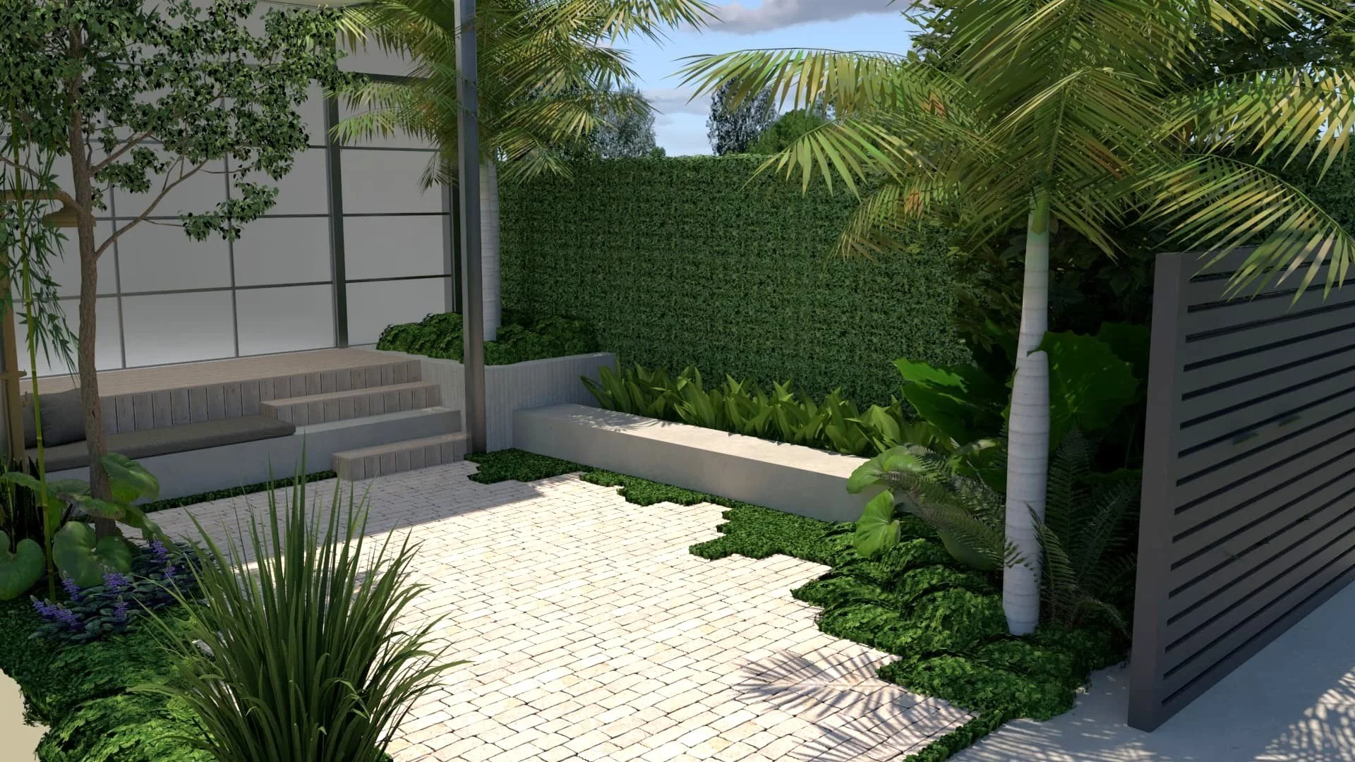 A modern backyard with a white stone patio, green plants, palm trees, and a tall hedge wall, with seating and a decorative privacy screen.