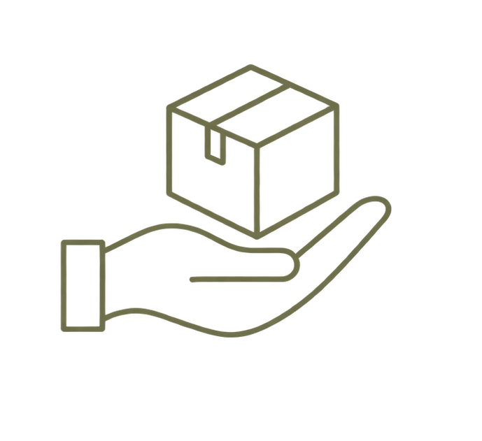Line drawing of a hand holding a small box or package.