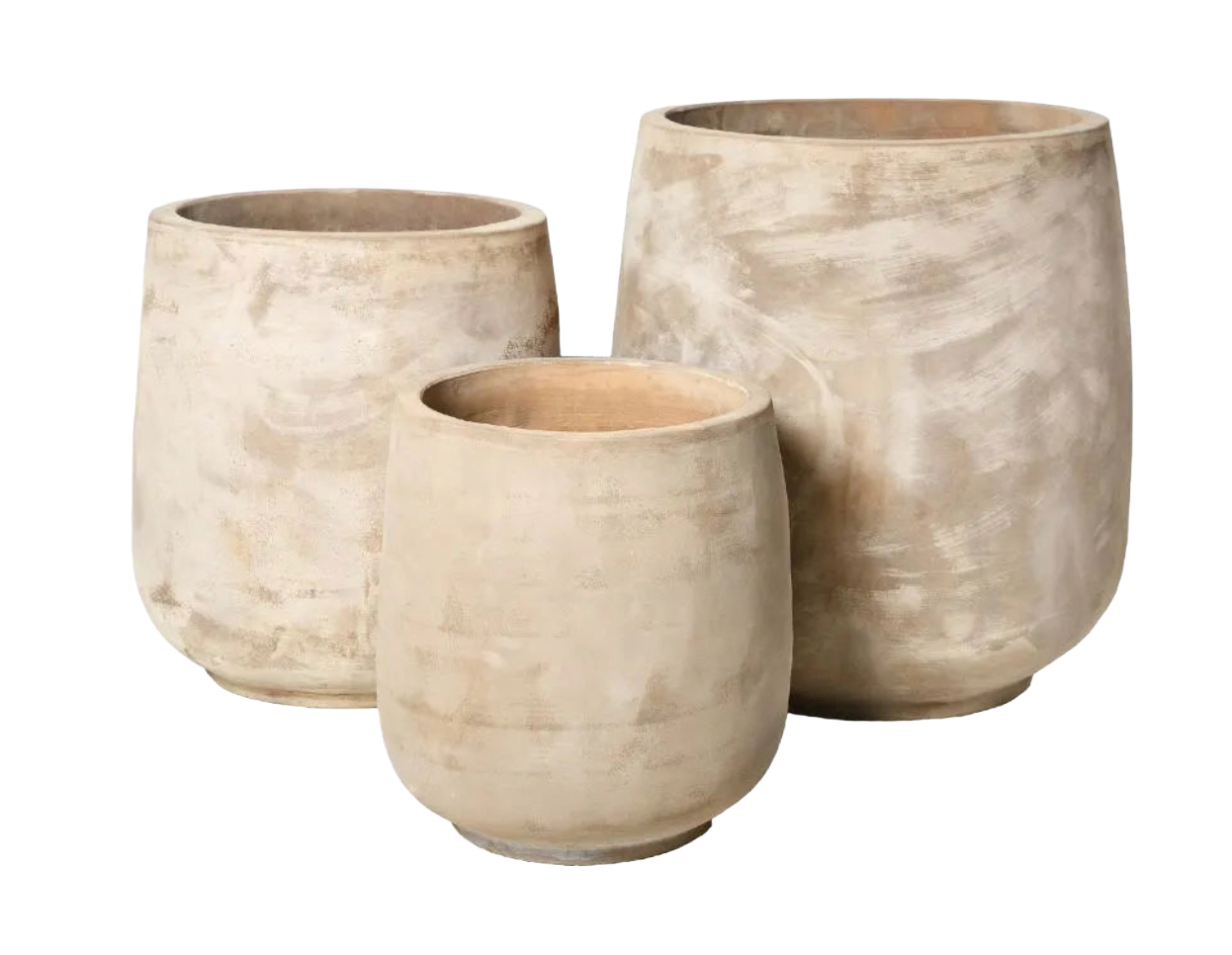 Three round, beige, weathered ceramic planters of varying sizes, arranged with one in front and two behind on a black background.