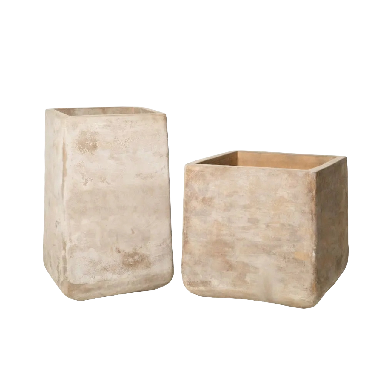 Two beige square-shaped concrete planters, one taller and one shorter, with rough textured surfaces.