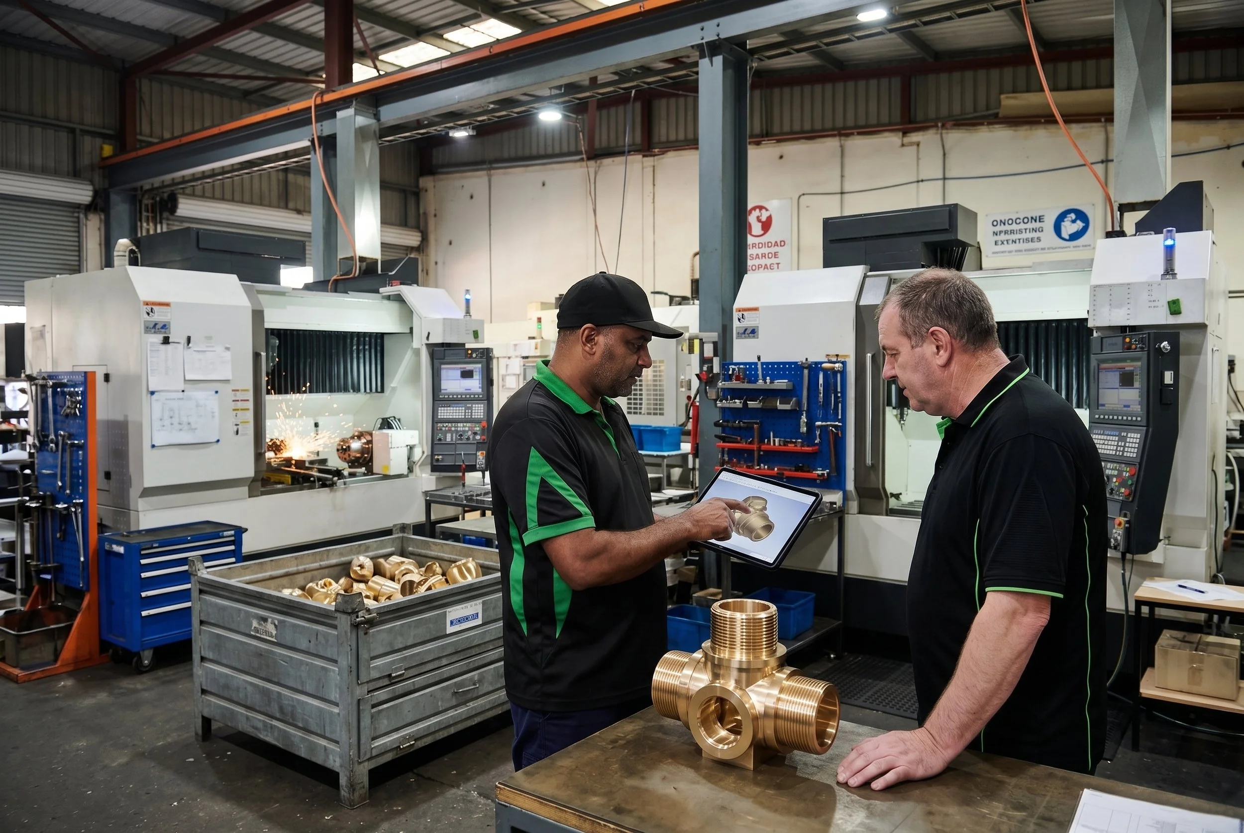 Two workers in a manufacturing facility examining a 3D model on a tablet, with brass fittings and industrial machinery around them.