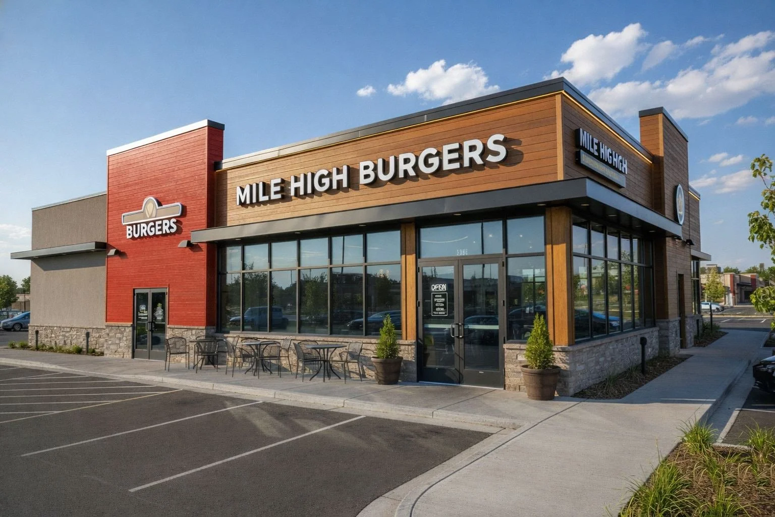 Exterior view of Mile High Burgers restaurant with large windows, outdoor seating, and signage, on a sunny day with blue skies.