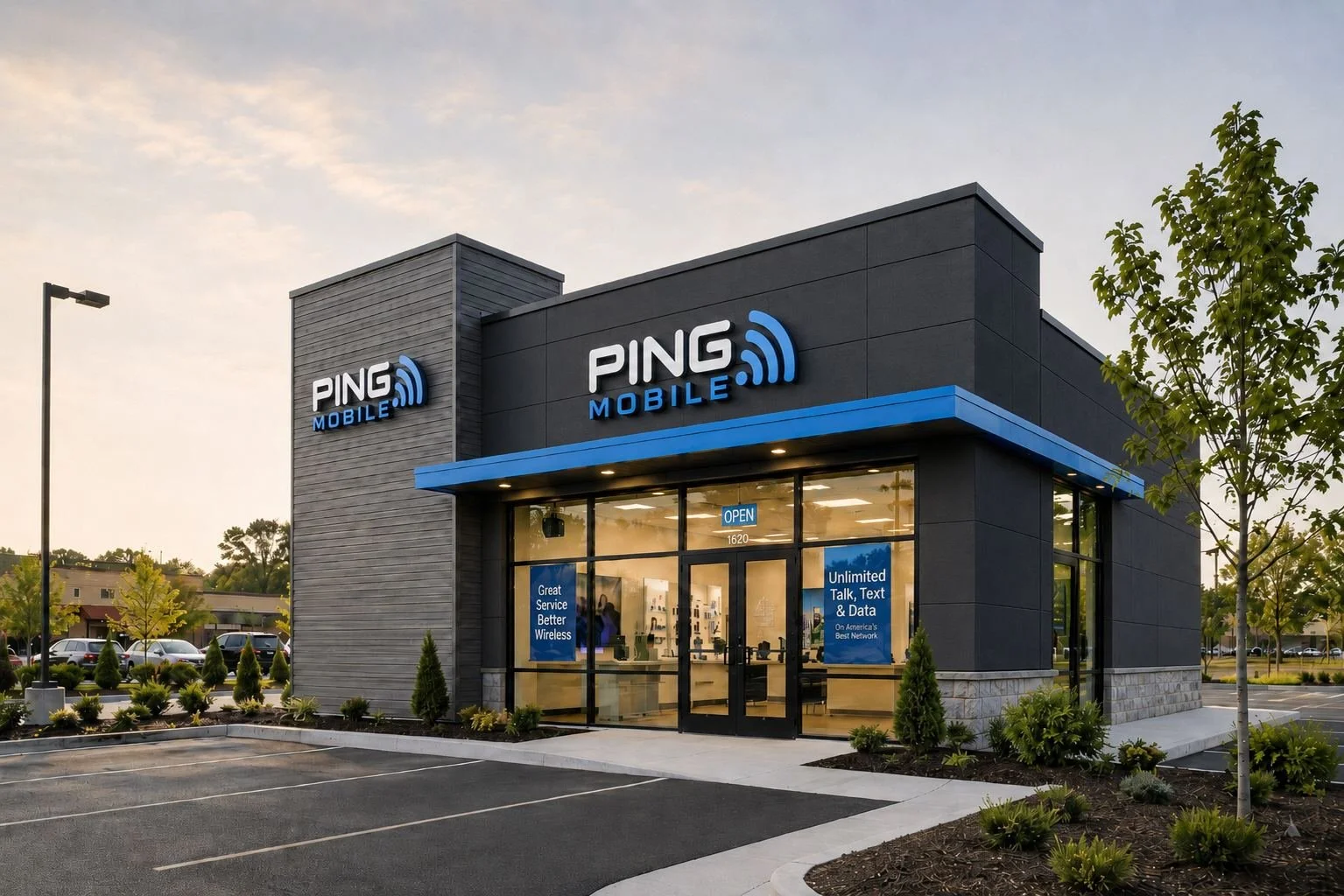 Exterior of a Ping Mobile store with large glass windows, blue accents, and signage indicating it is open, surrounded by parking and landscaped with trees and shrubs.
