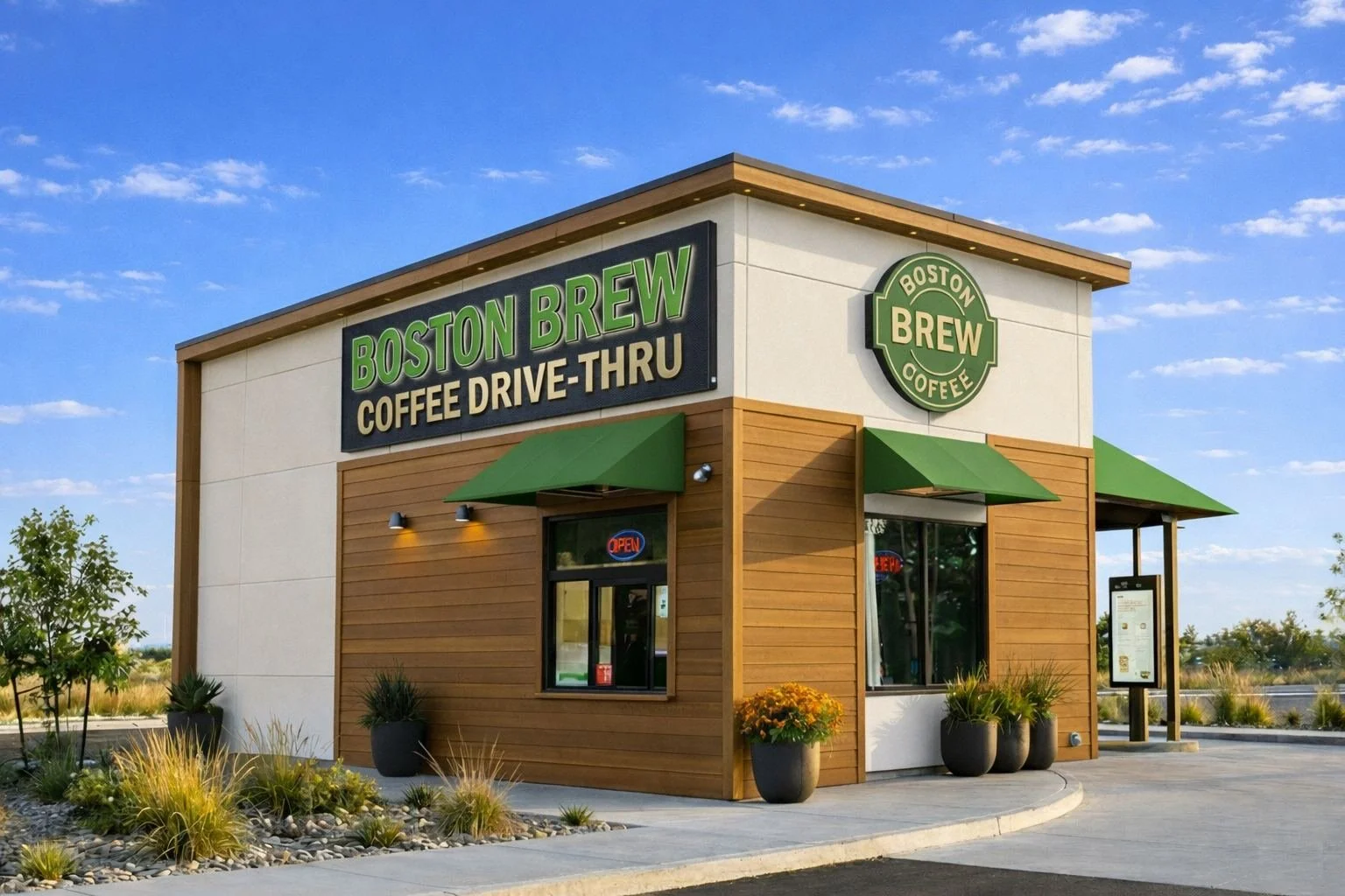 Exterior of a Boston Brew coffee drive-thru shop with green awnings and landscaped plants, under a blue sky with clouds.